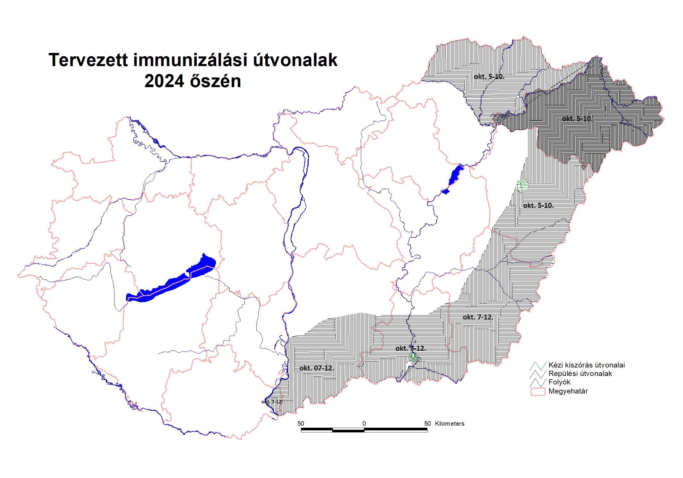 Tervezett immunizálási útvonalak 2024 őszén: kézi kiszórás útvonalai, repülési útvonalak, folyók, megyehatár. 